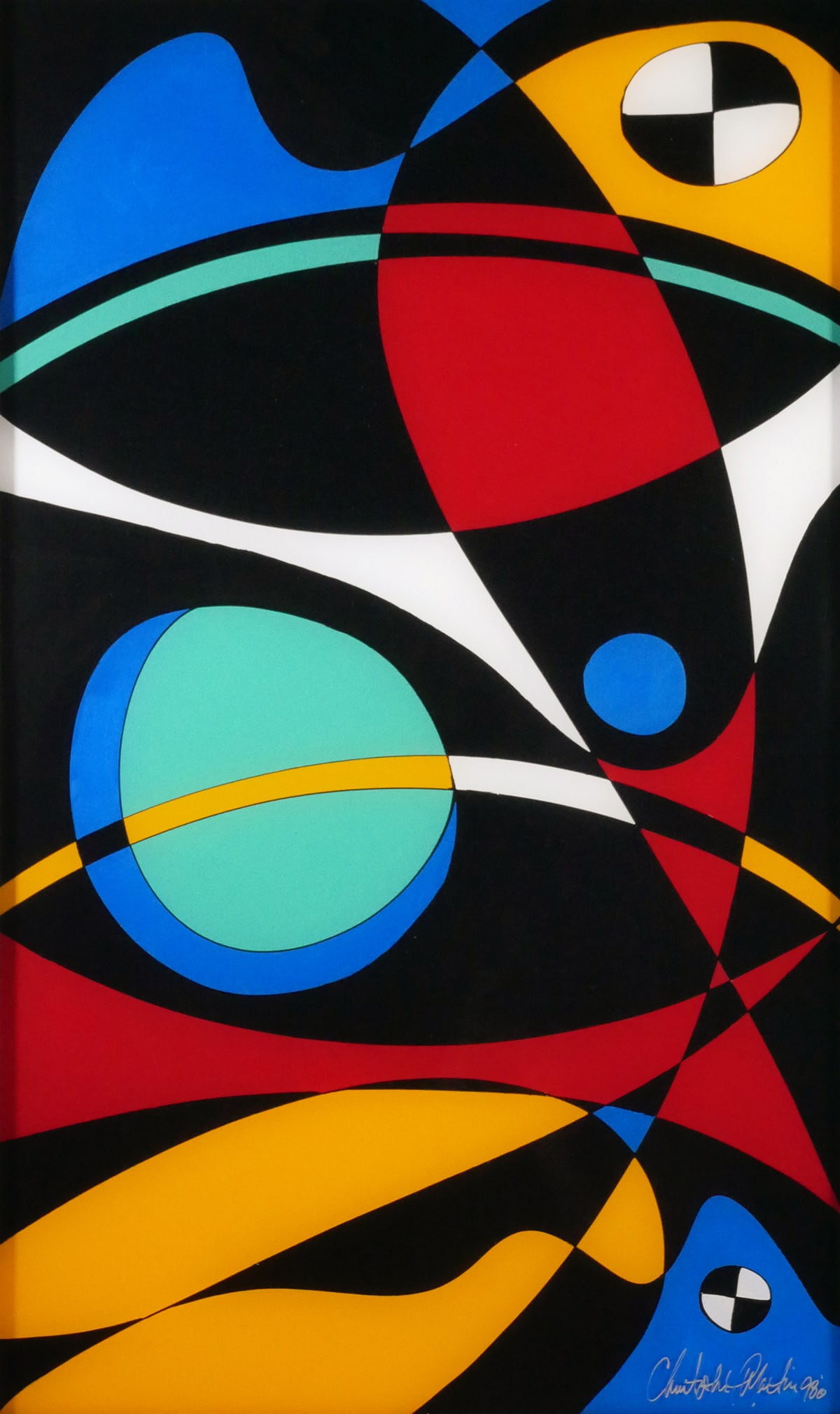 CHRISTOPHER MARTIN, Abstract Reverse Painting: Acrylic on acrylic reverse painting by Texas/Florida artist Chris Martin (American, b. 1969). Measures 40" x 24" in 42" x 26" frame. Titled on gallery card (verso) "Geometric No. 2" and dated 1998. A