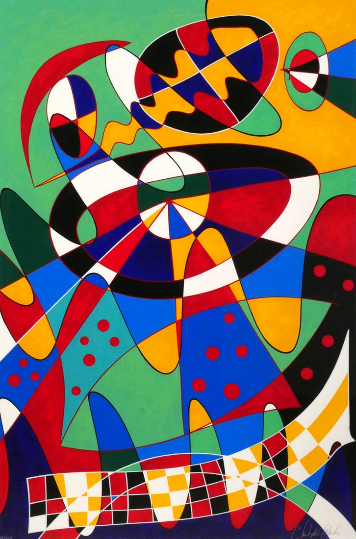 CHRISTOPHER MARTIN Abstract Silkscreen: Vertical colorful composition serigraph titled "Jettsonia" by Christopher Martin (American, b. 1969), signed lower right and numbered lower left 145/225. Image measures 39-1/2" x 26-1/2" frame