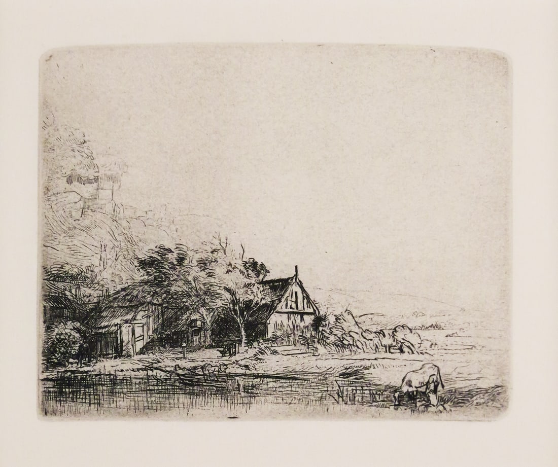 REMBRANDT Landscape with Cow Drinking Etching: Etching by Rembrandt Van Rijn titled "Landscape with a Cow Drinking", c. 1650. Limited "Millennium" edition, 20th c. impression printed by Marjorie Van Dyke, edition limited to 2500 prints. Plate