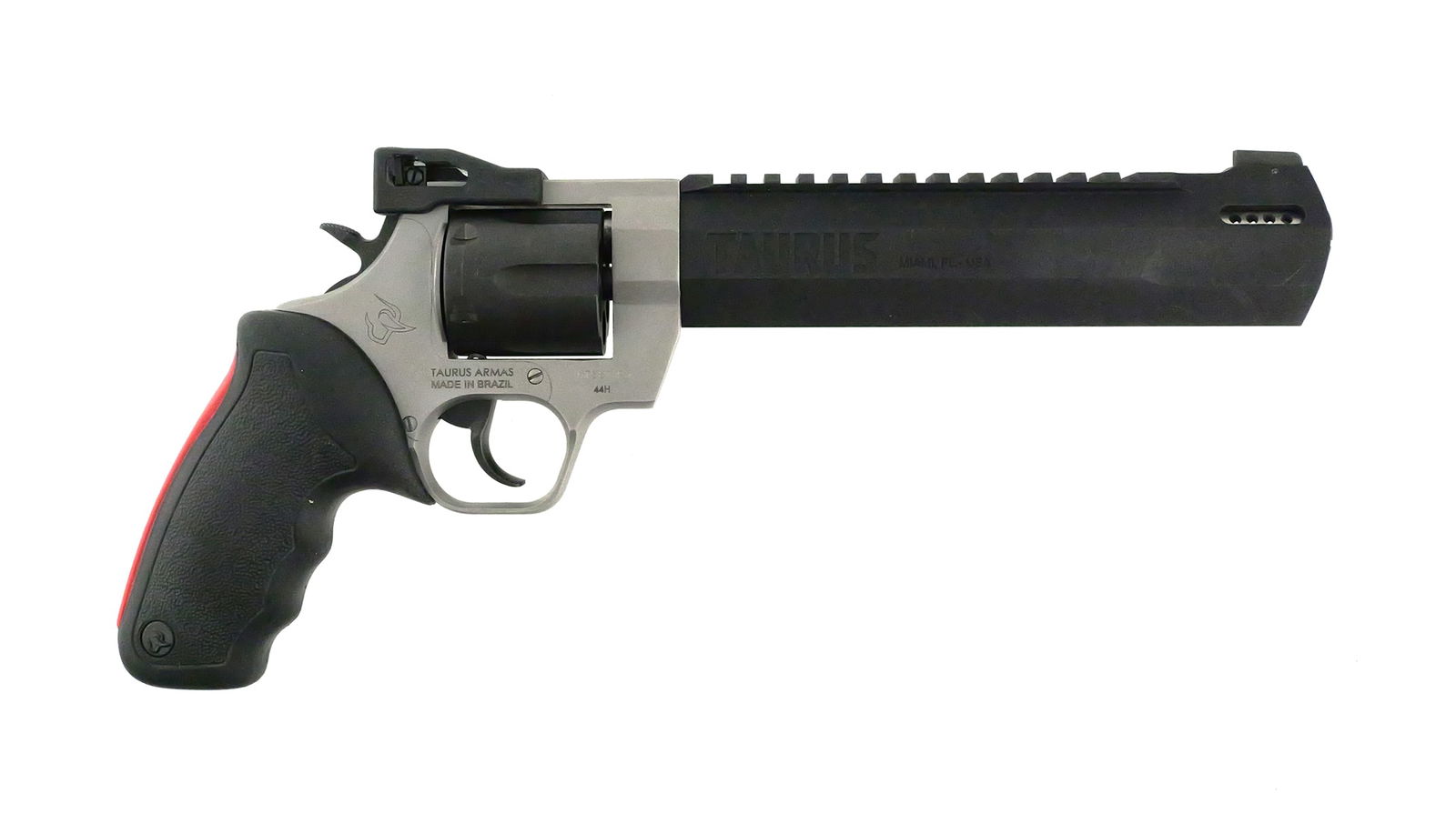 Taurus Raging Hunter .44 Magnum Revolver: Taurus Raging Hunter chambered in .44 Magnum. Serial number MT587193. Approx. 8-3/8" barrel. Matte Black Oxide / Stainless finish. Double-action revolver with factory-tuned porting. Six-shot