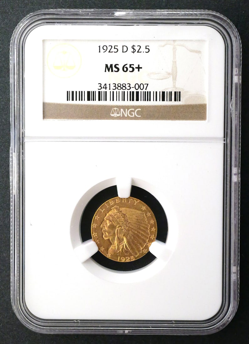 1925-D $2.5 Indian Quarter Eagle NGC MS65+: NGC graded MS 65+, 1925 D United States $2.50 Indian Head gold quarter eagle. This item can be shipped in-house. Multiple lot combined shipping may require 3rd Party shipping.