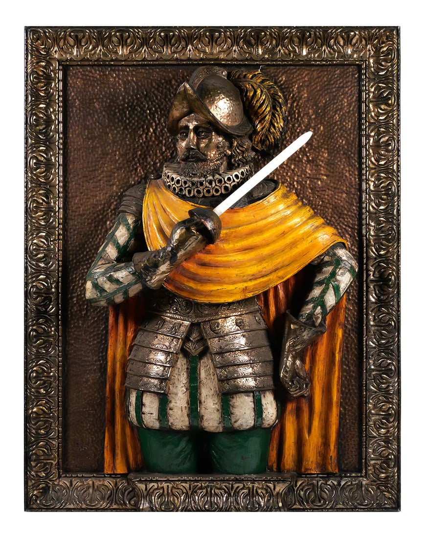 Spanish Conquistador Bas-Relief Sculpture: Large fiberglass walls sculpture featuring a 16th century conquistador, Finesse Originals, lower right reads Espada, outside dimensions 43" x 34" width 9". This item will need to be shipped by a