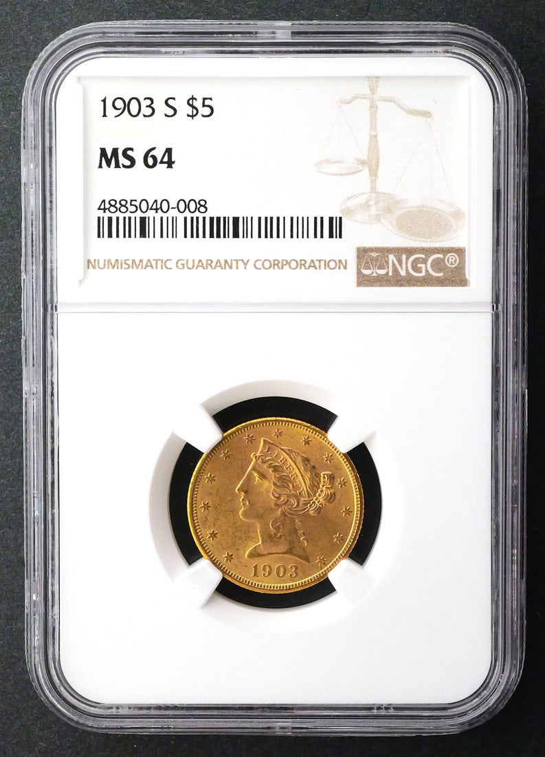 1903-S $5 Liberty Half Eagle NGC MS64: NGC graded MS 64, 1903 S United States $5 Liberty Head gold half eagle. PLEASE NOTE: Credit cards will not be accepted for this purchase. This item can be shipped in-house. Multiple lot combined