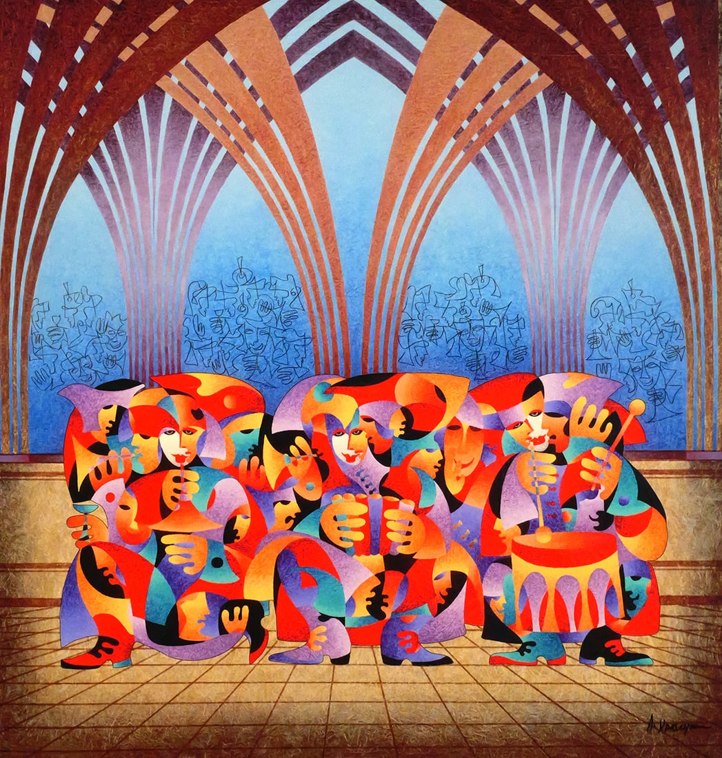 ANATOLE KRASNYANSKY Orchestra Serigraph: Giclee and serigraph in color on canvas of a central group of abstracted figures titled "Orchestra with Arches" by Anatole Krasnyansky, signed lower right and numbered on verso 156/195. Image