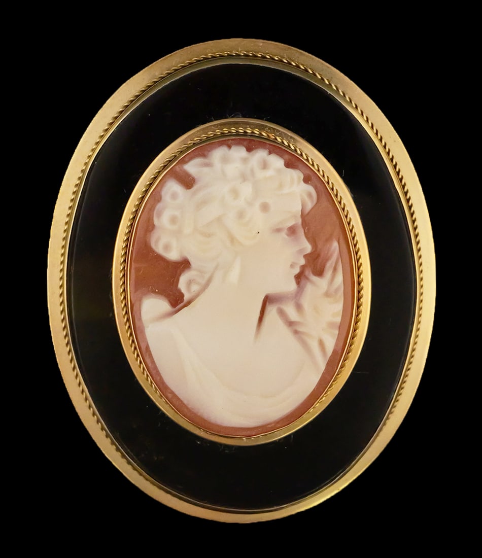18K Gold Cameo Pendant Brooch: 18 karat yellow gold, marked 750, with tortoise shell and a carved shell cameo. Can be worn as a pin or pendant. 8.7 grams tw. Approx. 1-1/4"wide, 2"L as pendant. This item can be shipped in-house.