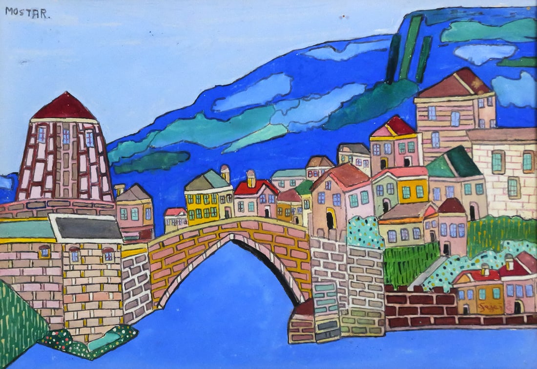 EMERIK FEJES Stari Bridge Painting: Tempera or gouache on board painting of Stari bridge in Mostar, Bosnia by Serbian artist Emerik Fejes (1904-1969), signed lower right and upper left reads "MOSTAR," image measures 11" x 16" frame
