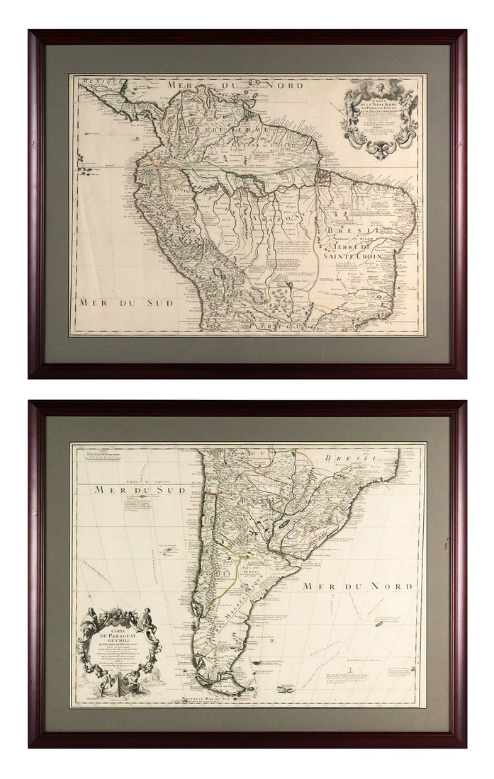 (2) 1703 Guillaume De L'Isle South America Maps: Two antique copperplate engraved maps by Guillaume Del'Isle (1675-1726), both dated 1703 and published in Paris. Titled "Carte de la Terre Ferme du Perou du Bresil et du Pays des Amazones" and "Carte