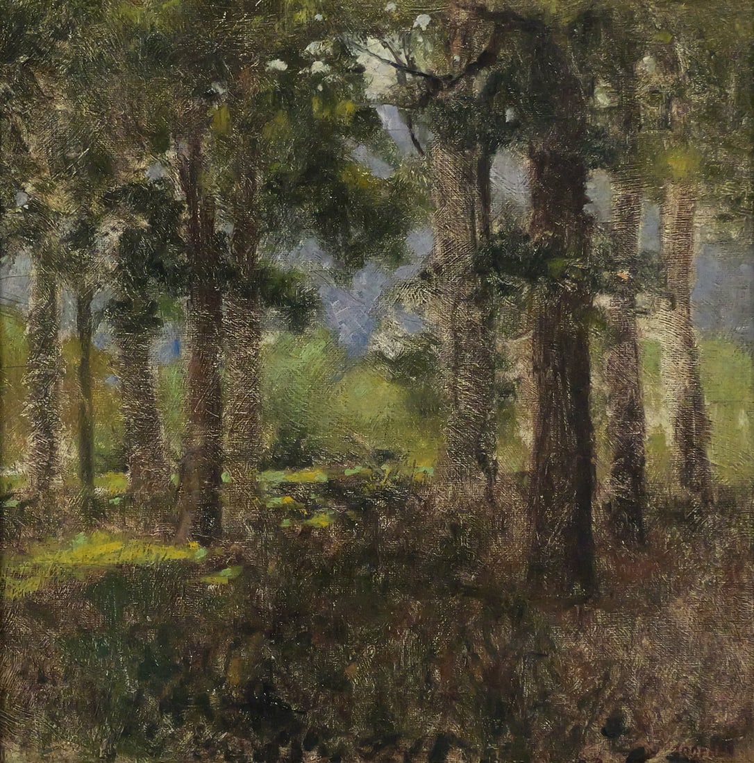 Vintage Landscape Painting: Oil on canvas painting of a landscape with trees, image measures 15-1/2" x 15-1/2" frame measures 20-1/2" x 20-3/4". This item will need to be shipped by a packing company of your choice. We maintain