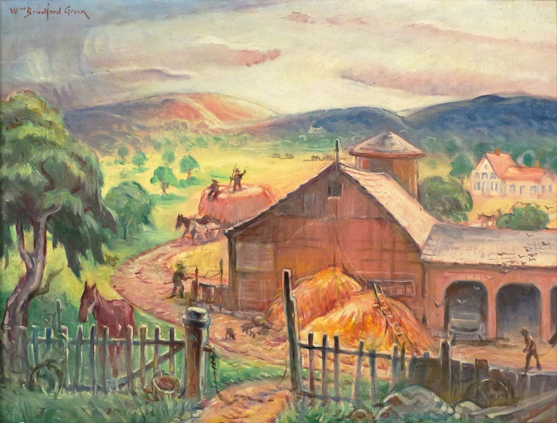 W. BRADFORD GREEN Landscape Painting: Oil on canvas painting of a landscape with farm, horses and worked, on the verso the title is "Happy Valley Farm" signed upper left corner W. Bradford Green. Old Exhibition tags on verso from The Penn