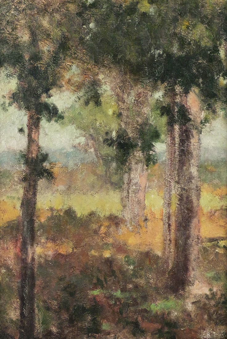 Vintage Tree Landscape Painting: Oil on canvas painting of a landscape with trees, image measures 19" x 13-1/2" frame measures 23-1/4" x 18". This item will need to be shipped by a packing company of your choice. We maintain a list