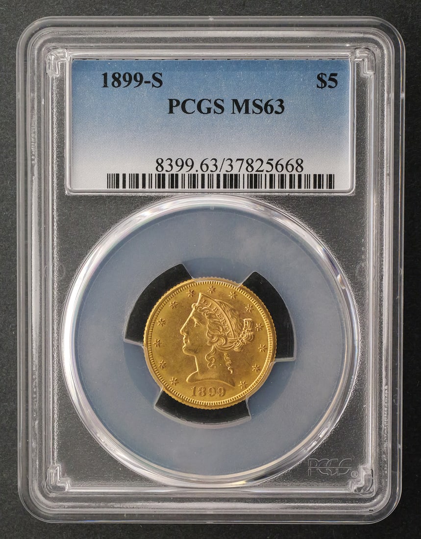 1899-S $5 Liberty Half Eagle PCGS MS63: PCGS graded MS 63, 1899 S United States $5 Liberty Head gold half eagle. This item can be shipped in-house. Multiple lot combined shipping may require 3rd Party shipping.