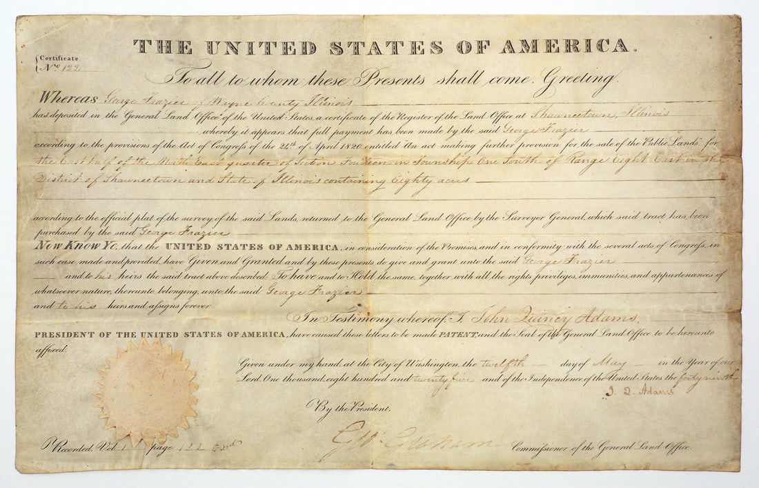 John Quincy Adams 1825 Signed Land Grant (1 of 4)