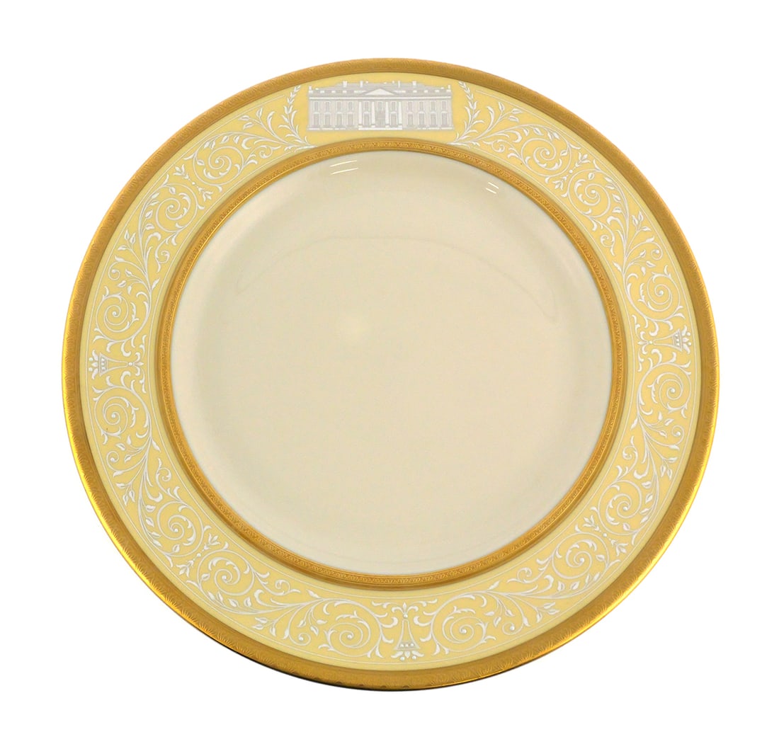 BILL CLINTON White House Dinner Plate: Rare Lenox china dinner plate made for the Bill Clinton White House to commemorate the 200th anniversary of the White House in 2000. Elegant dinner plate features a double gold band bracketing a pale
