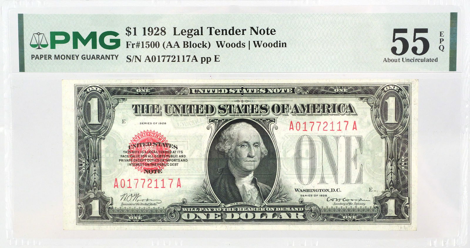 $1 Silver Certificate 1928 Fr. 1500, PMG 55: Fr#1500 1928 Legal Tender $1 note, (AA block, Woods/Woodin) graded 55 About Uncirculated EPQ by PMG. This item can be shipped in-house. Multiple lot combined shipping may require 3rd Party shipping.