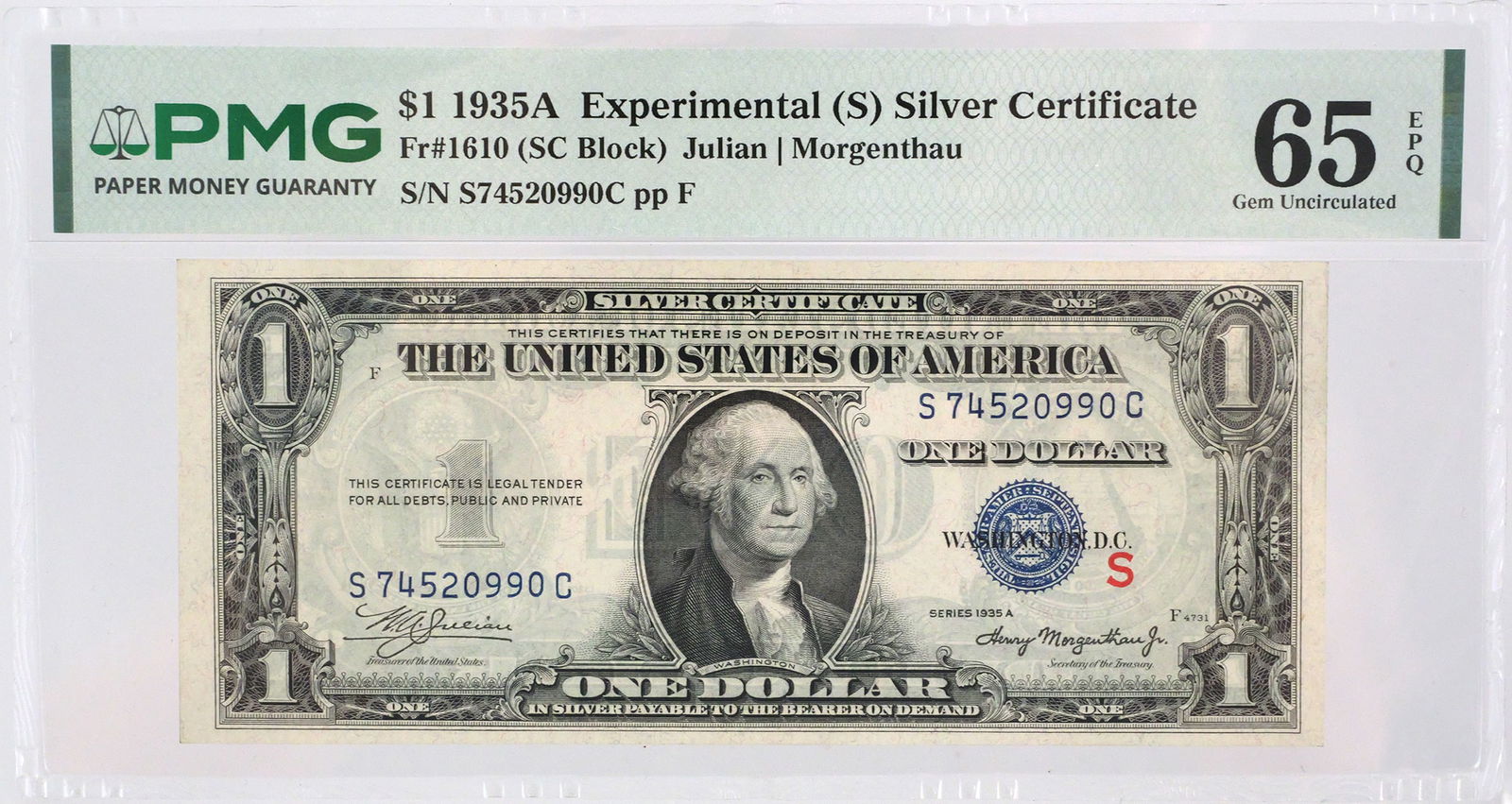 $1 Experimental 1935A Silver Certificate, PMG 65: Fr#1610 1935A Experimental (S) silver certificate $1 note, (SC block, Julian/Morgenthau) graded 65 Gem Uncirculated EPQ by PMG. This item can be shipped in-house. Multiple lot combined shipping may