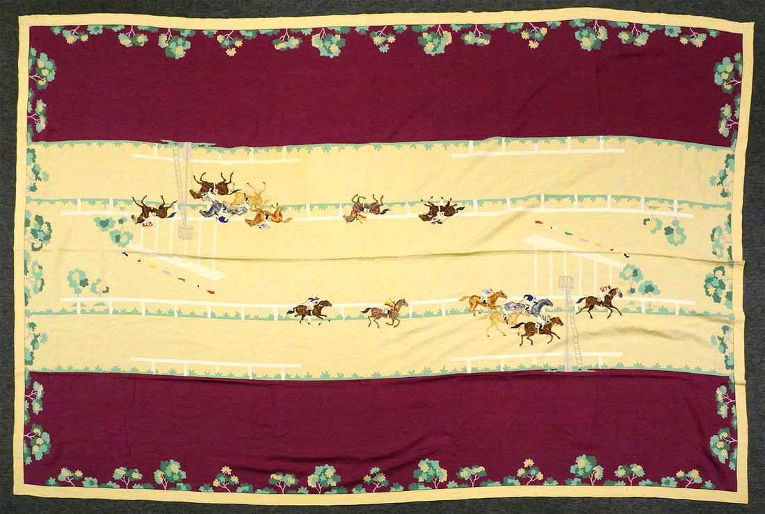 Mobster BlackJack McGinty Tablecloth: Exceptionally fine linen tablecloth owned by Thomas "BlackJack" McGinty, with provenance. Produced by the famed linen experts Greenwald's. The tablecloth illustrates a horse race on an unspecified