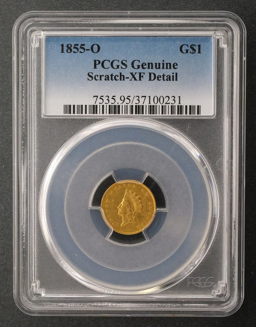 1855-O G$1 Gold Dollar PCGS Genuine XF Detail: PCGS certified Genuine XF Detail, 1855 O United States gold dollar from the New Orleans mint. This item can be shipped in-house. Multiple lot combined shipping may require 3rd Party shipping.
