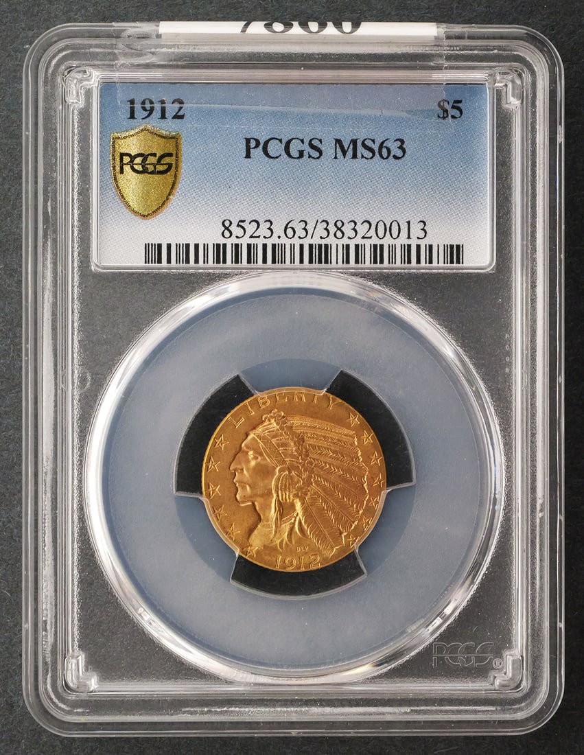 1912 $5 Liberty Half Eagle PCGS MS63: PCGS graded MS 63, 1912 United States $5 Liberty Head gold half eagle. This item can be shipped in-house. Multiple lot combined shipping may require 3rd Party shipping.