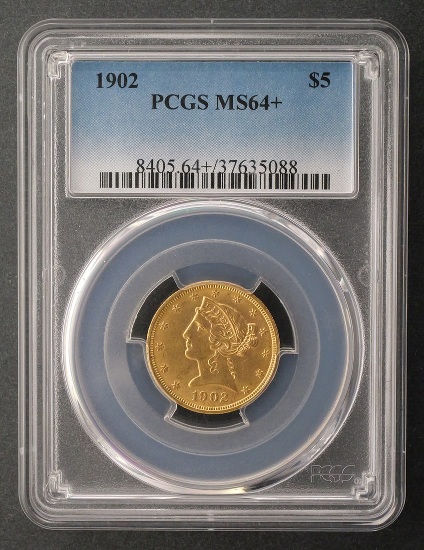1902 $5 Liberty Half Eagle PCGS MS64+: PCGS graded MS 64+, 1902 United States $5 Liberty Head gold half eagle. This item can be shipped in-house. Multiple lot combined shipping may require 3rd Party shipping.
