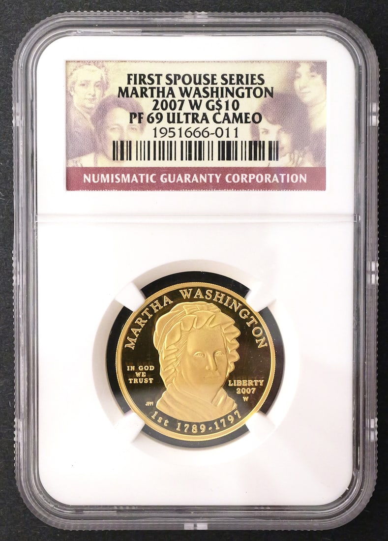 2007-W $10 Martha Washington Gold PF69UC: NGC certified PF69UC, First Spouse Series Martha Washington $10 gold coin dated 2007-W. PLEASE NOTE: Credit cards will not be accepted for this purchase. This item can be shipped in-house. Multiple
