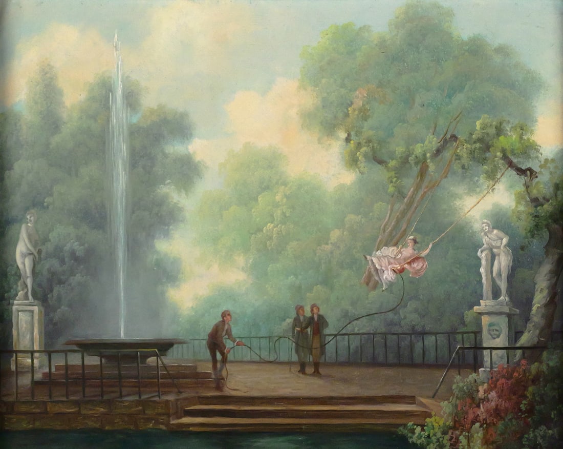 PAUL WESLEY ARNDT Romantic Landscape Ptg: Oil on canvas painting of a romantic landscape with woman on a swing, by Woodstock Impressionist, artist Paul Wesley Arndt (American, 1881-1978). Artist name stamped on verso. Frame measures 21" x