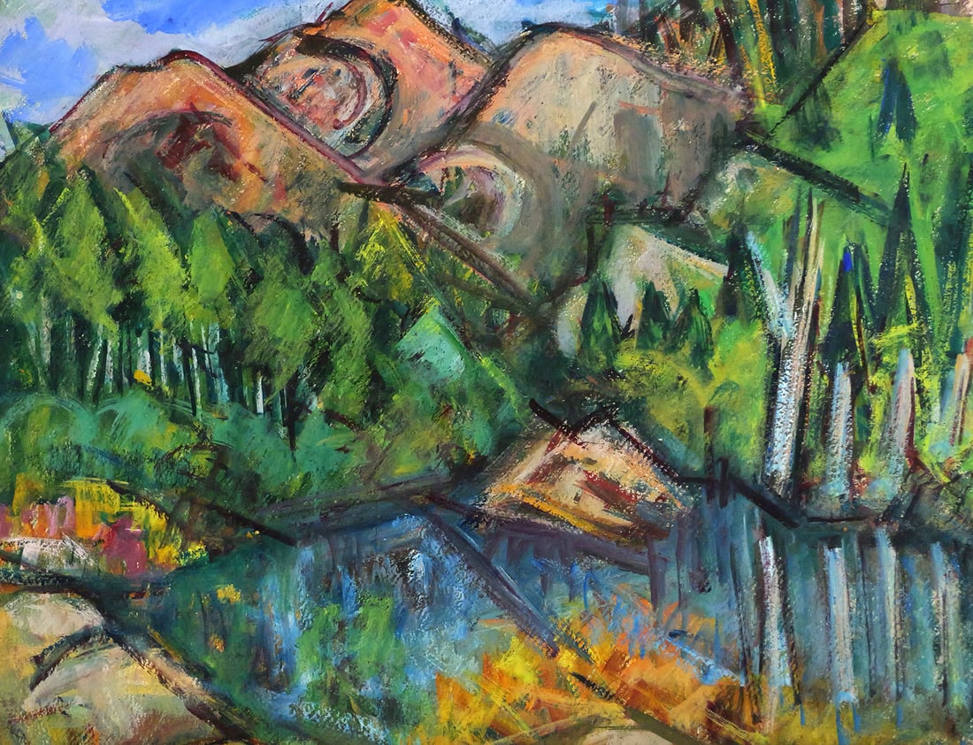 ROSE JACOBSON BLUE Pastel Landscape: Pastel on paper landscape with mountains and lake, unsigned but appears to be the work by Rose Jacobson Blue (1891-1987) and was part of a larger collection of work by this artist. Frame measures