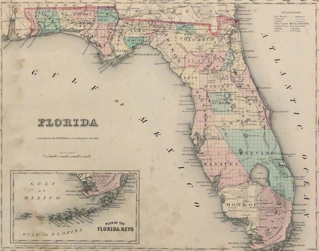 Antique 19C Map of Florida: Old map of Florida from the version published in 1855 by J.H. Colton, The map features a details framed design, and a small section of the Florida Keys, image measures 12-1/2" x 15-3/4" frame