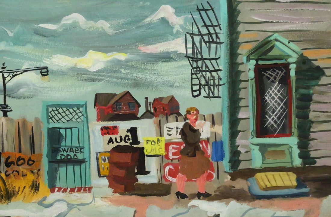 STUART CARSON EDIE City Scene Painting: Gouache on paper painting of a woman in an urban city scene, unsigned but possibly by Stuart Carson Edie, (1908-1974), a Woodstock New York Artist who studied under Thomas Hart Benton, frame measures