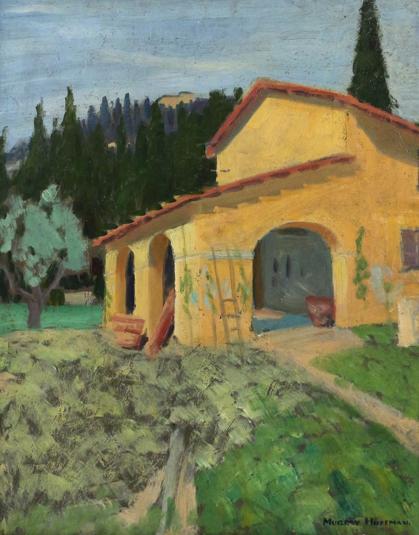 MURRAY HOFFMAN Landscape Painting: Oil on board painting of a rural scene with an Italian Farm (identified on verso), by Murray Hoffman, a New York artist (Woodstock?), signed lower right, frame measures 21" x 17" image measures 18" x