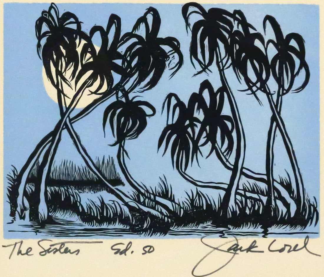 JACK LORD Palm Trees Block Print: Block print on paper of a landscape with palm trees titled "The Sisters" by Hawaiian artist Jack Lord (known for his role on TV series Hawaii Five-O), signed, titled and numbered ed. 50 below the