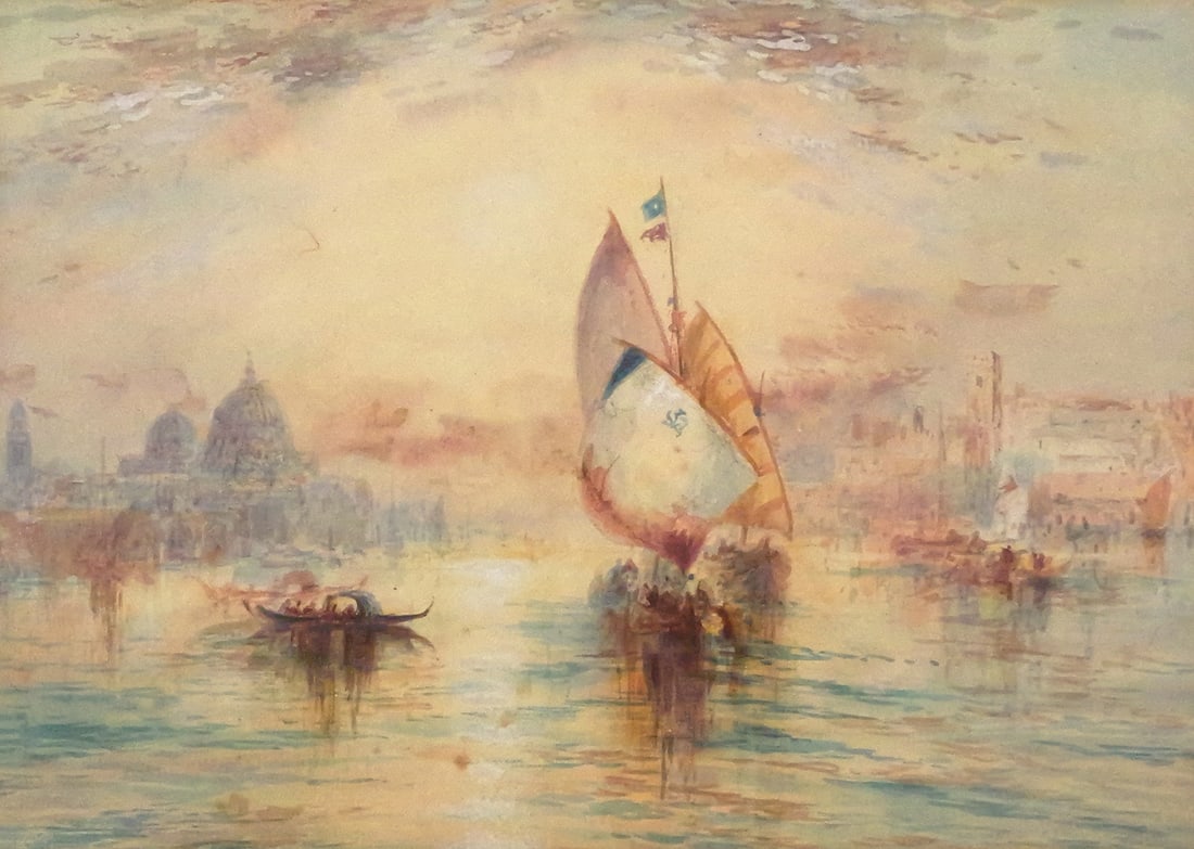 Manner J.M.W. TURNER Harbor Scene Watercolor: Antique watercolor on board of a Venetian harbor scene, after Turner's oil painting the Sun of Venice Going to Sea at the Tate Britain, image measures 7-1/4" x 10-1/4" frame measures 12-1/2" x