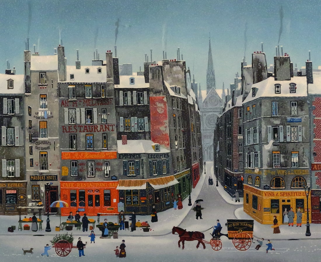 MICHEL DELACROIX Paris Chromo Litho: Lithograph in colors of a Paris scene with Notre Dame in the background, titled "Le Fleche de Notre Dame" signed lower right in pencil M. Delacroix (b. 1933) and numbered lower left CXXVIII/CL