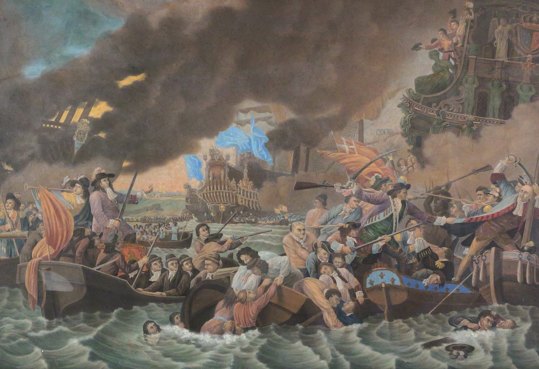 Large 19th c Gouache Naval Battle Scene: Large gouache on paper of a battle scene, after "The Battle of La Hogue" by Benjamin West (American/English, 1738-1820), but with flags that are different from West's original. Unsigned, image