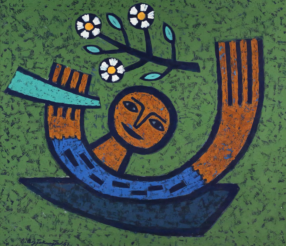 LAZAR VUJAKLIJA Figurative Painting: Large stylized figure with flowers and dark green background by Serbian artist Lazar Vujaklija (1914-1995) signed lower left and dated '67, frame measures 39" x 44". This item will need to be shipped
