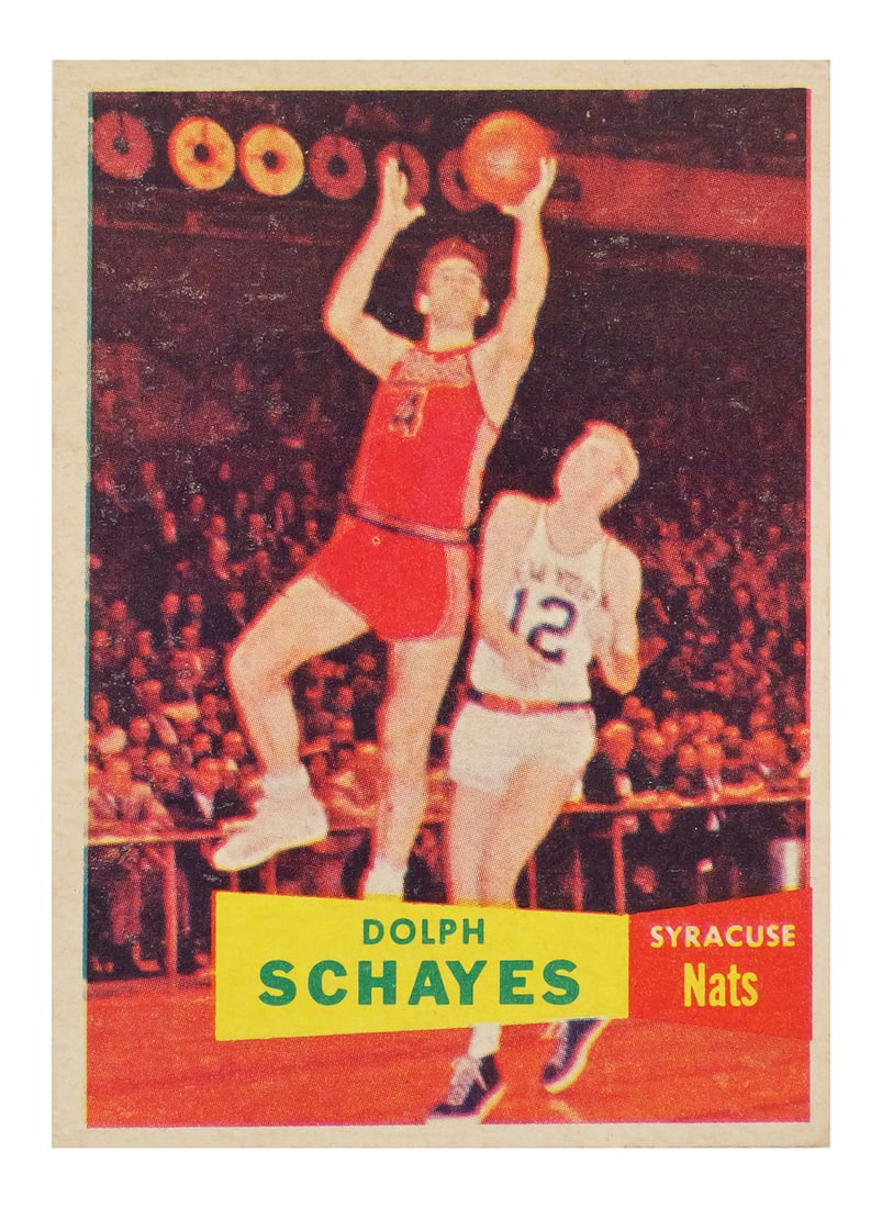 1957 Topps DOLPH SCHAYES Rookie Card #13: 1957-1958 Topps Syracuse Nationals Dolph Schayes #13 Rookie Card. This item can be shipped in-house. Multiple lot combined shipping may require 3rd Party shipping.