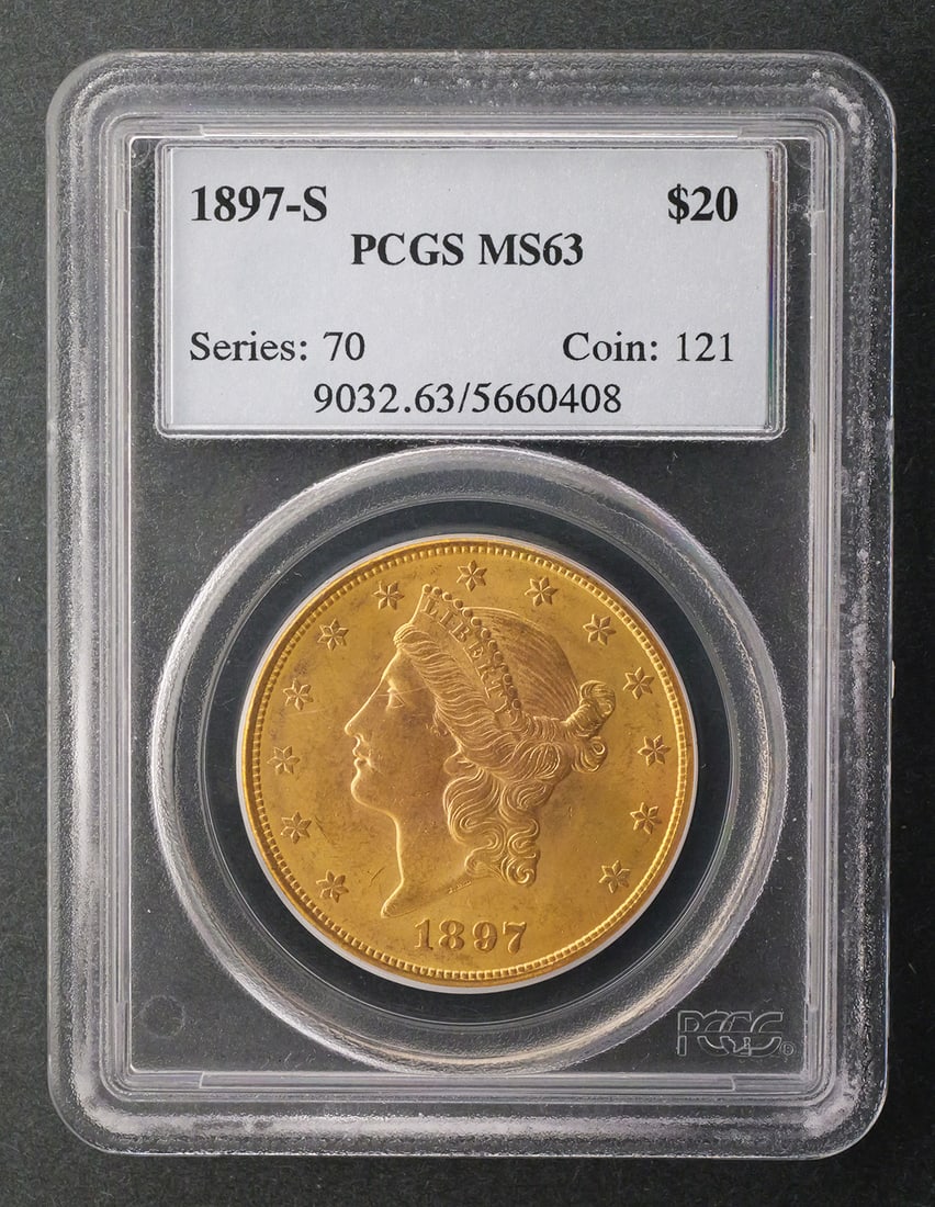 1897-S $20 Liberty PCGS MS63: PCGS graded MS 63, 1897-S United States $20 Liberty Head gold double eagle. PLEASE NOTE: Credit cards will not be accepted for this purchase. This item can be shipped in-house. Multiple lot combined