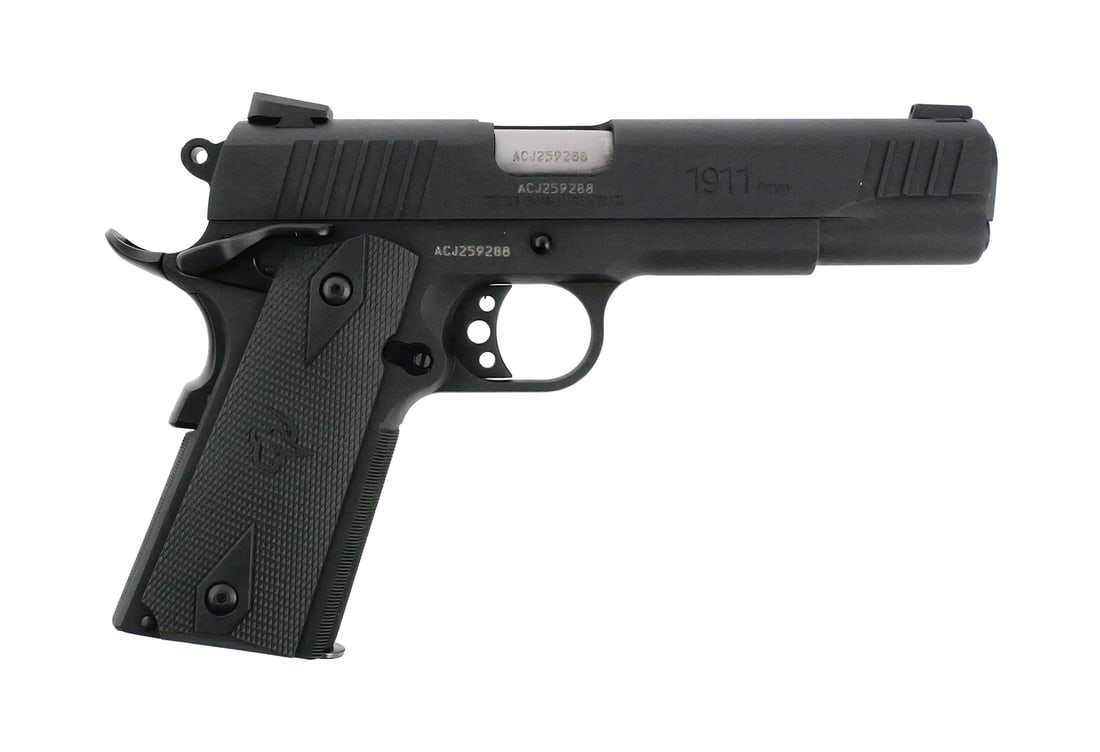 Taurus Model 1911 9mm Pistol: Taurus Model 1911 semi-automatic pistol chambered in 9mm. 5" barrel. Matte black finish. Single-action configuration with grip safety and frame-mounted thumb safety. Includes one Mec-Gar magazine.