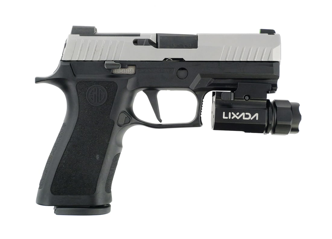 Sig Sauer P320 XCarry Pistol 9mm: Sig Sauer P320 XSeries two-tone semi-automatic pistol in 9mm. Serial number 58H048658. Factory production 2019, manufactured after SIG Sauer’s 2017 P320 design update. Barrel length approx. 3-3/4".