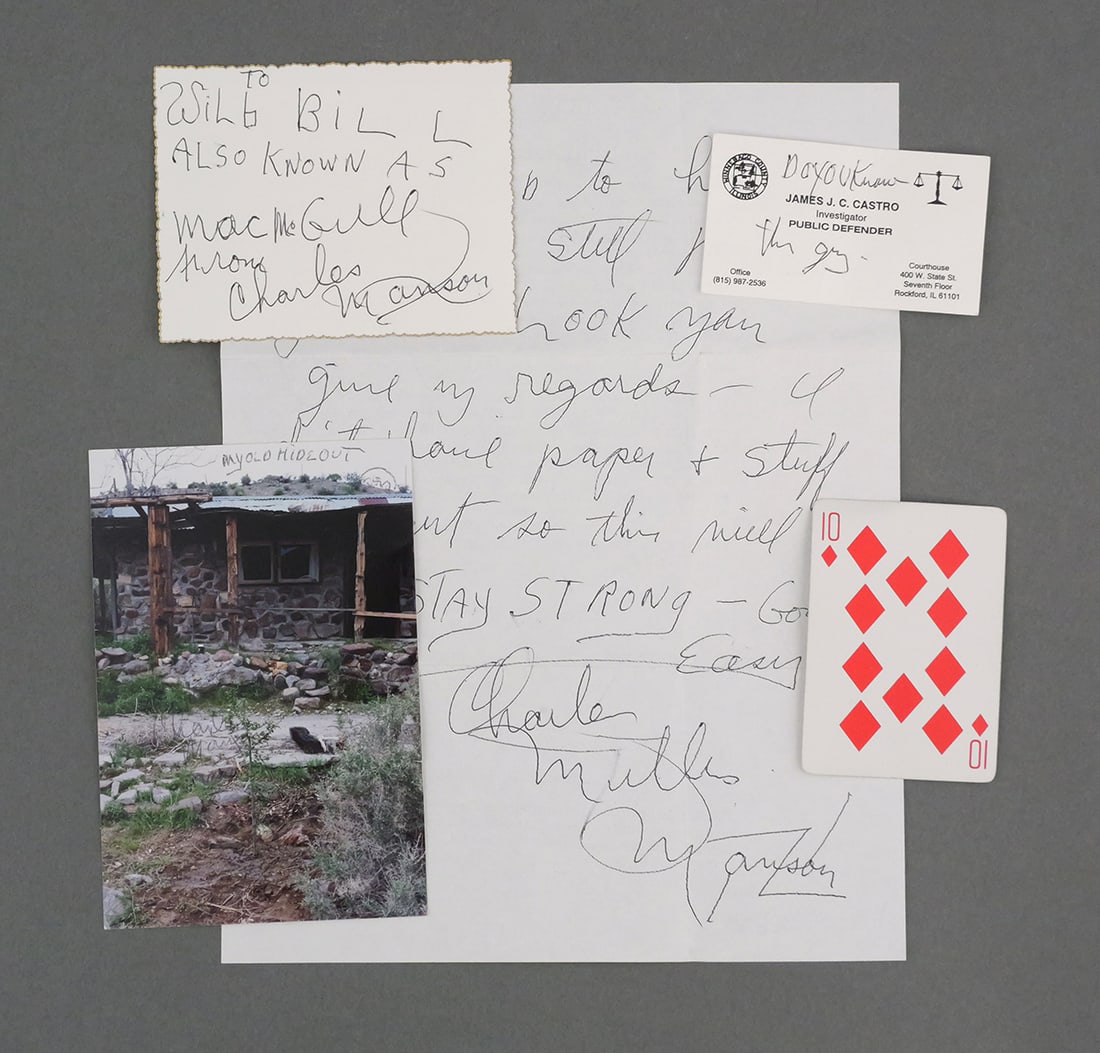 Charles Manson 4 Signature Group W/ Self Portrait: An unusual group including a letter, to "Wild Bill" (William J. McGill), signed "Stay Strong - Gone Easy Charles Milles Manson" with the signature and a swastika. The letter includes the line "I