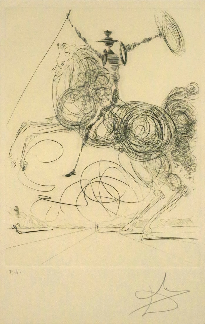 SALVADOR DALI Horseman Etching: Drypoint Etching of a work titled "Horseman" by Salvador Dali (Spanish, 1904-1989), signed in pencil lower right and numbered lower left E.A., image measures 15" x 11-1/2" frame measures 26-1/2" x