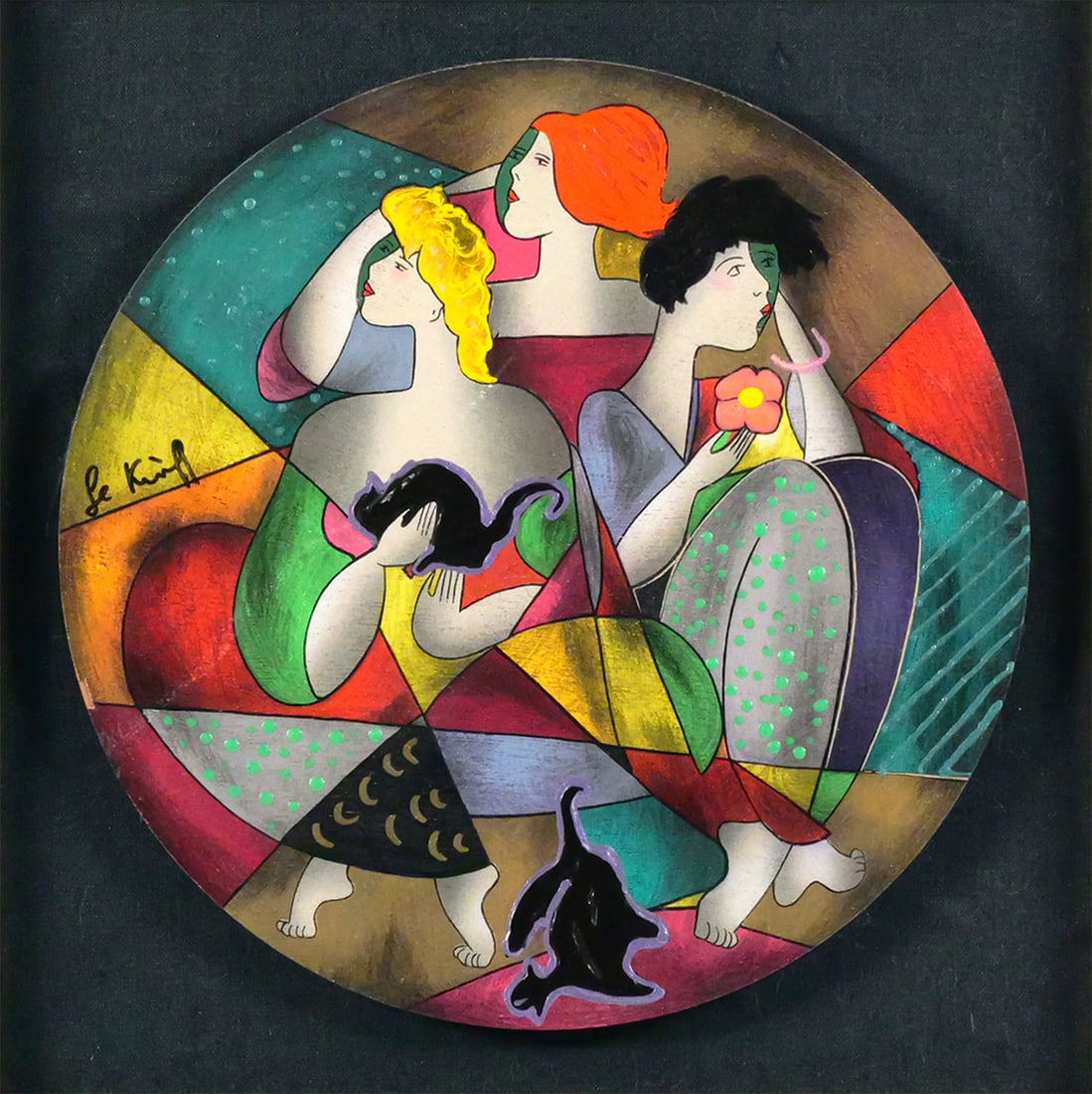 LINDA LE KINFF Figurative Serigraph: Embellished serigraph on board with a figurative composition titled "Les 3 Graces" by Linda Le Kinff, signed center left, board measures 11-1/4" in diameter frame measures 24-1/2" x 24-1/2". This