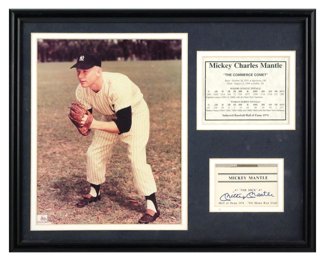 Mickey Mantle Signed Display w/ COA: Framed display featuring an authentic Mickey Mantle autograph on a Hall of Fame business card, issued by Just Rookies II and Front Row Collectibles. Includes printed photo and stat card, with gold