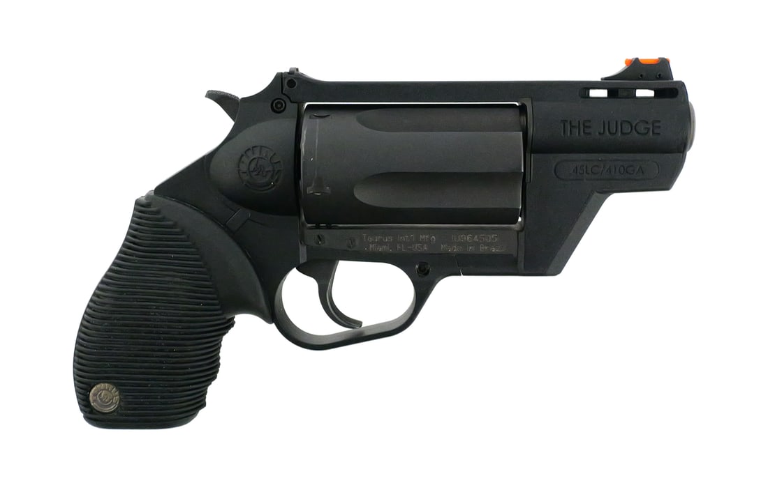 Taurus Judge Public Defender 45/410 Revolver: Taurus Public Defender Poly The Judge chambered in .45 Colt / .410 GA. Serial number JU964505. 2-1/2" barrel. Polymer frame with steel barrel and cylinder. Double-action revolver configuration with