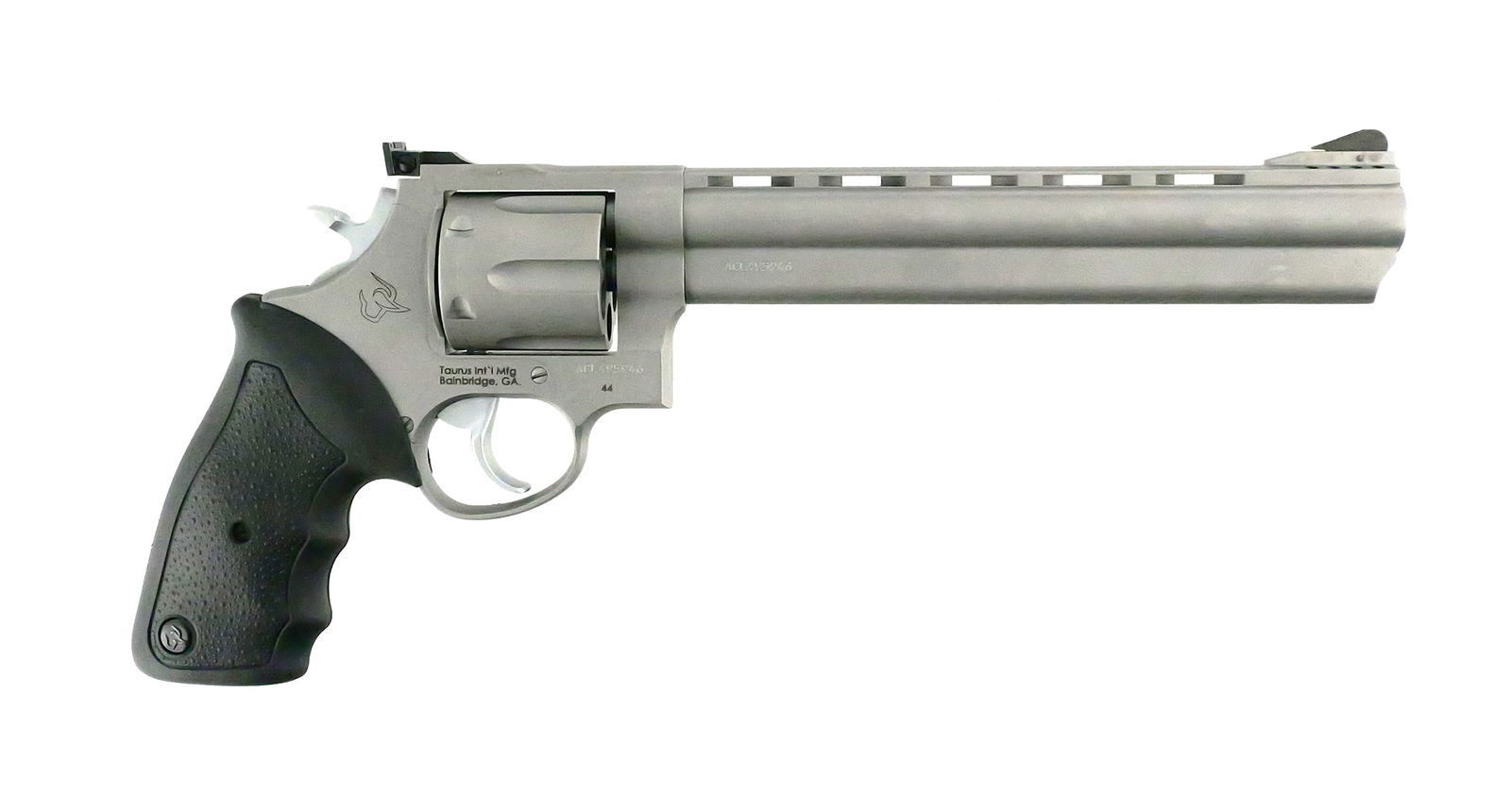 Taurus Model 44 Revolver .44 Magnum: Taurus Model 44 revolver in .44 Magnum caliber. Serial #ACL95946. Approx. 8-3/8" barrel. Six-shot cylinder. Matte stainless steel finish with black rubber textured grip. Vent rib with ported muzzle.