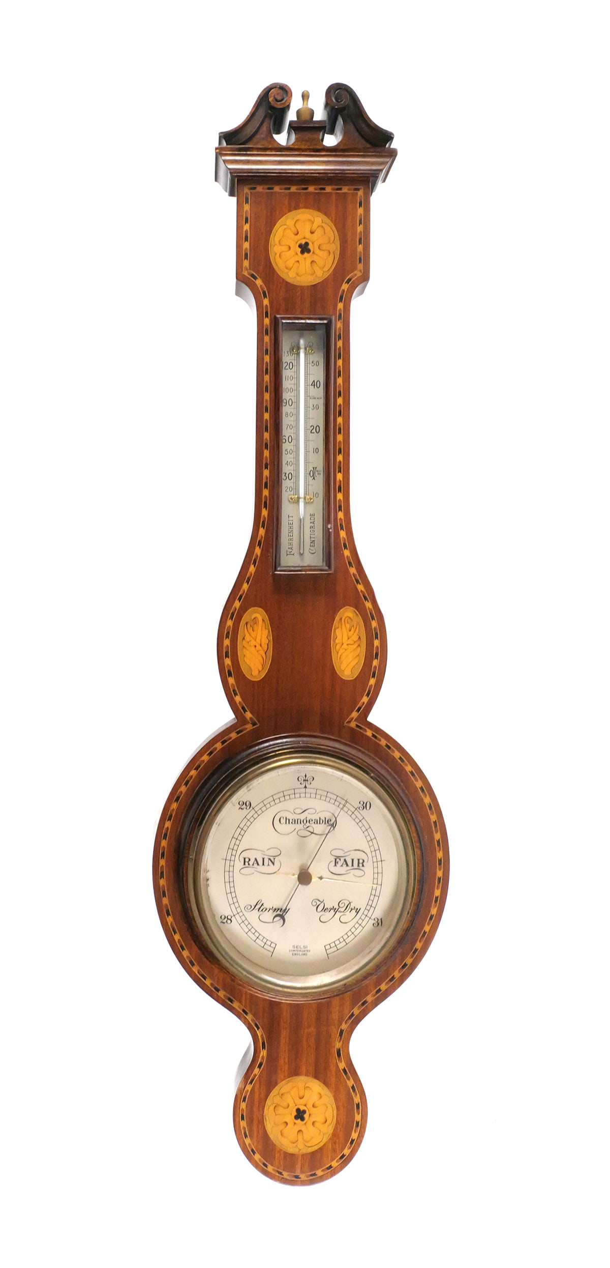 Vintage English Banjo Barometer: English wall-mounted banjo barometer and thermometer by Selsi, mid-20th century. Mahogany case with intricate marquetry and string inlay, featuring decorative medallions, scroll crest, and turned