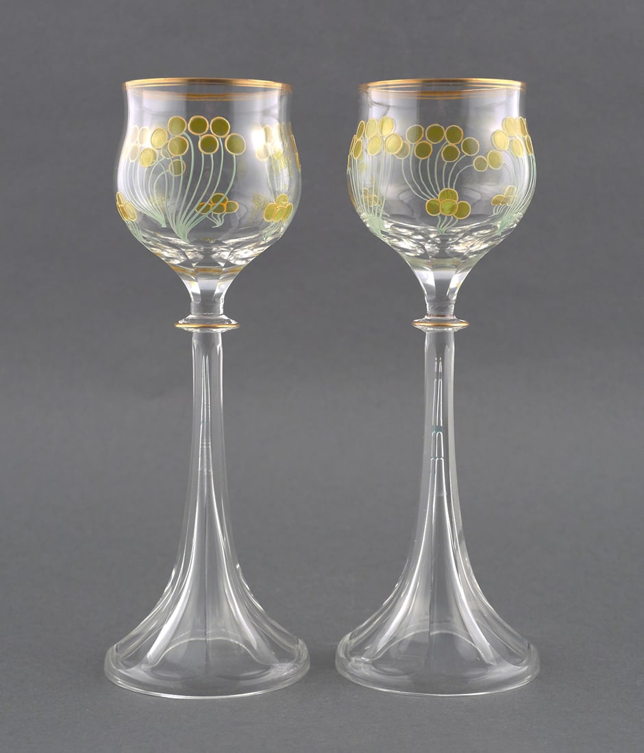 Fritz Heckert Pair of Wine Goblets Yellow Flowers (1 of 2)