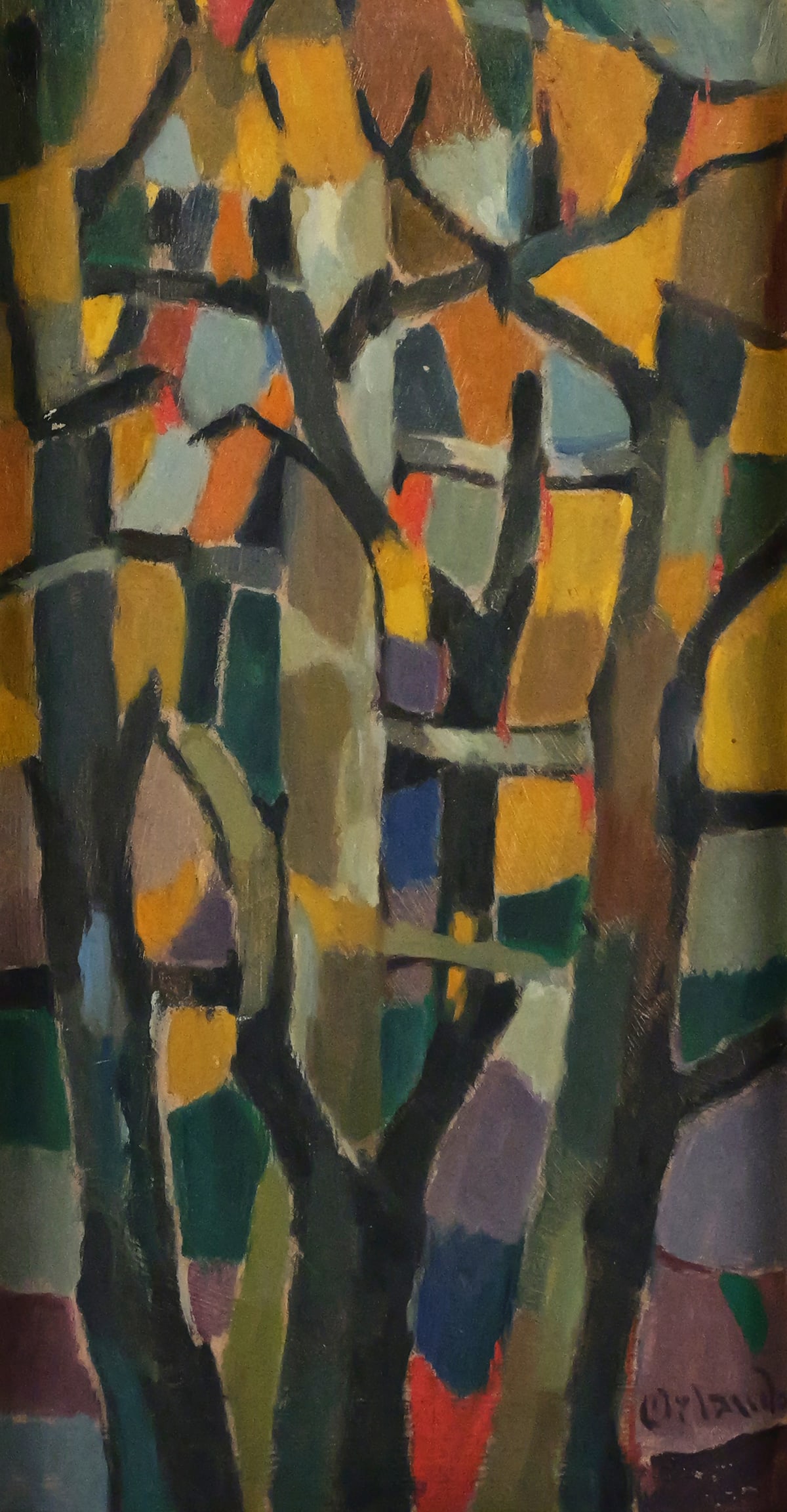 FRANCO ORLANDO Abstract Painting: Paint on board painting featuring an abstract design with trees, signed lower right Orlando, notes written on the back with a small Santa Claus painting glued on the board. Frame measures 21-1/2" x