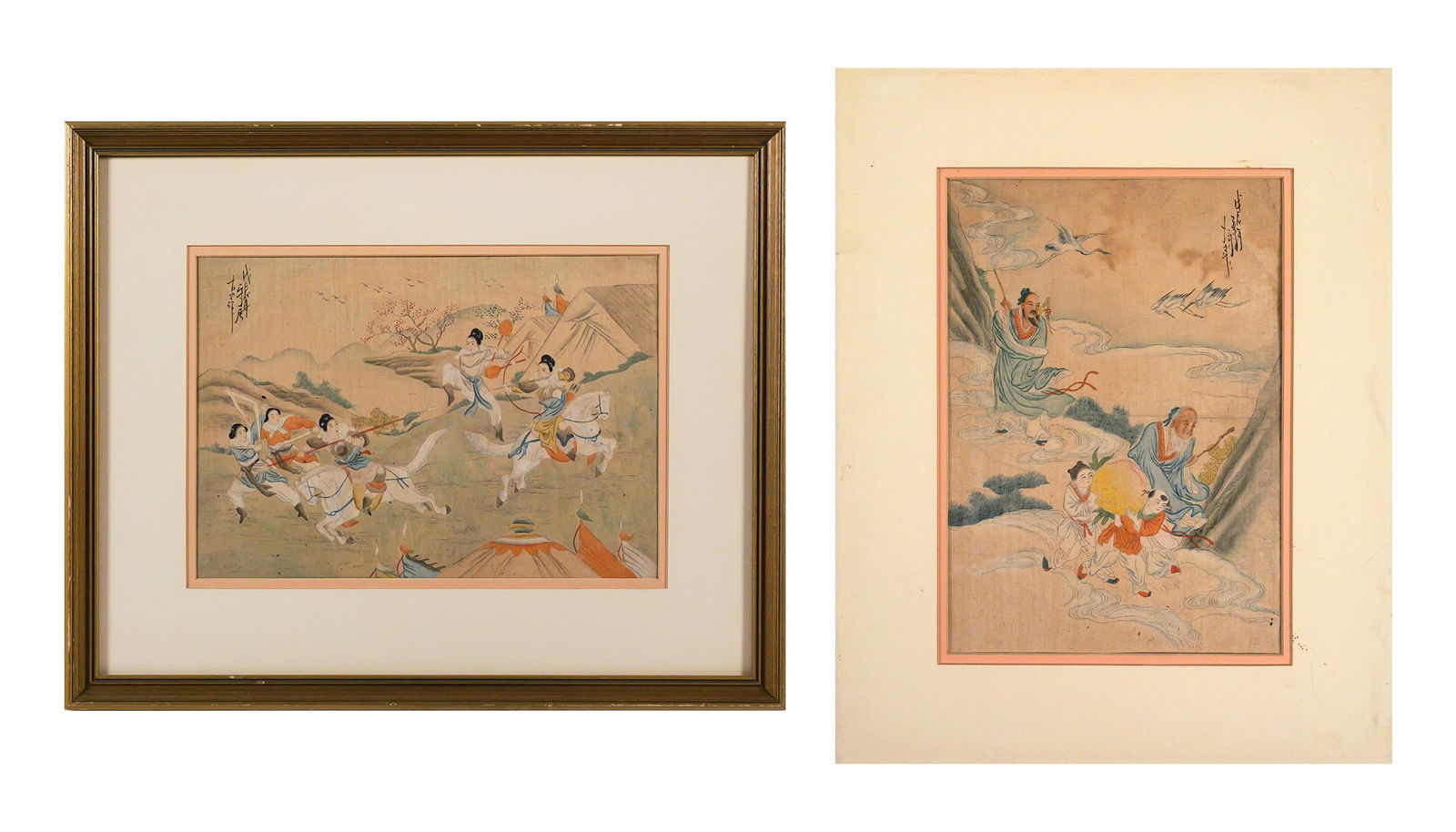 (2) Traditional Chinese Watercolor Painting: Two watercolor on silk on paper Chinese paintings with traditional folklore motifs with landscapes, birds, horses, and figures, both images measures 9-1/2" x 14" one is matted and one is framed,