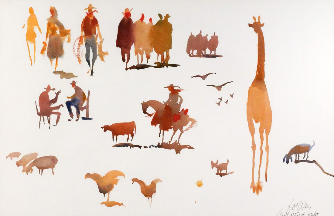 MILFORD ZORNES, Watercolor, Western Vignettes: Watercolor on paper by Milford Zornes (American, 1908-2008) showing Southwestern themed silhouette studies: women with baskets, cowboys on foot and horseback (and seated), cattle, sheep, chickens, a