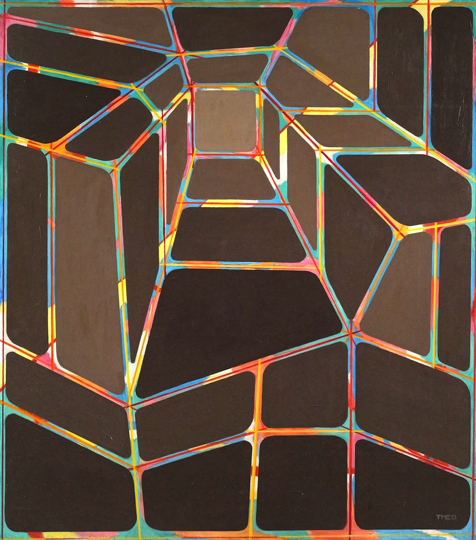 THEO Contemporary Abstract Painting: Oil on canvas painting of a large geometric design with grey color blocking and bright colors underneath, signed Theo lower right corner, on verso is written "Unterberger," possibly a work by local